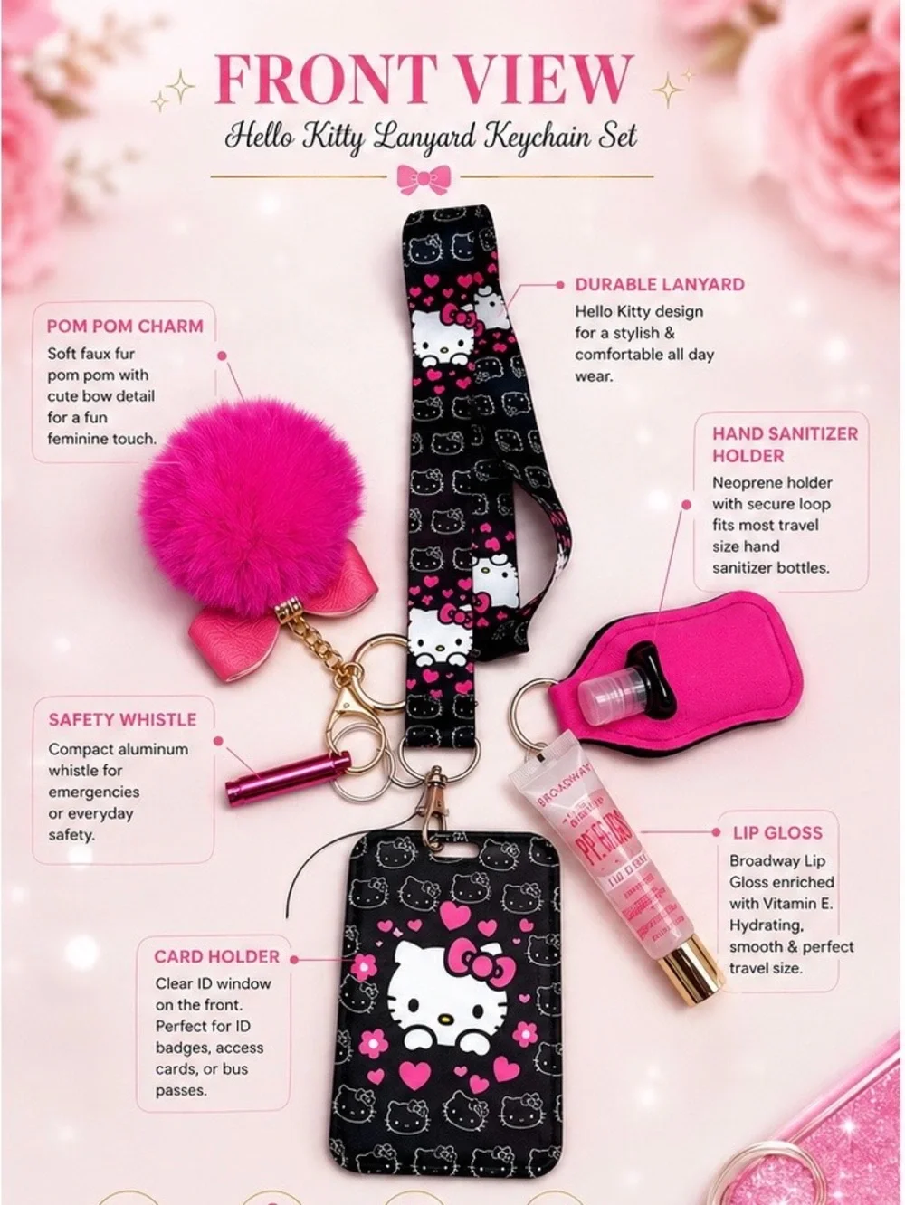 Hello Kitty Black & Pink Lanyard Keychain Set with Pom Pom